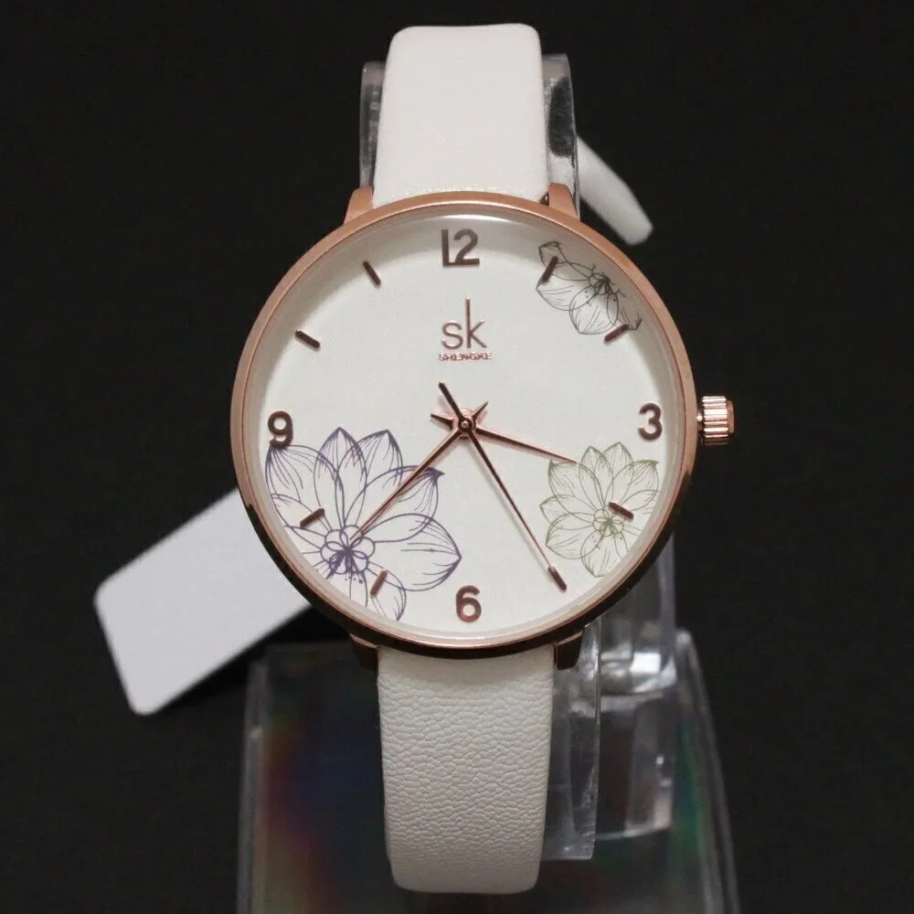 Ladies Dress Quartz Watch White Floral Dial White Strap 32mm